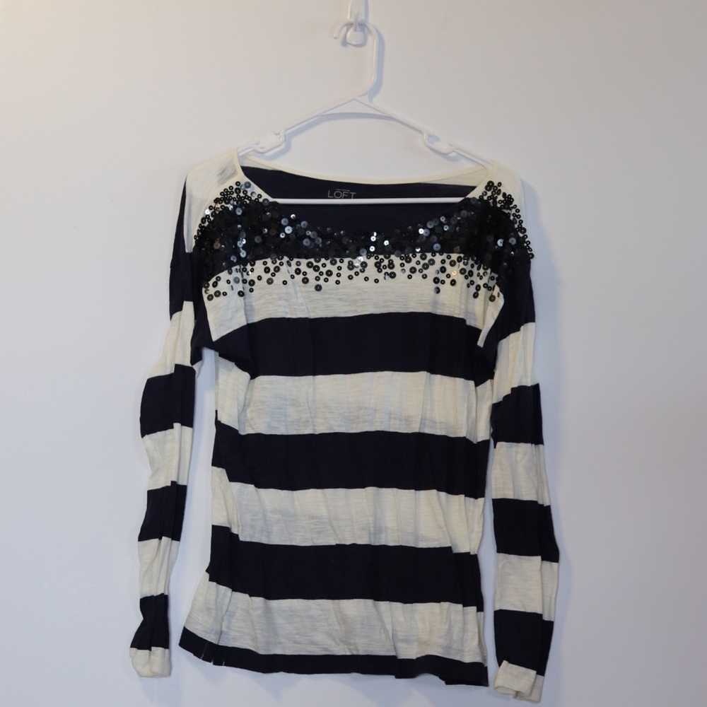 Loft Size Medium Striped Top Sequin Embellished - image 1